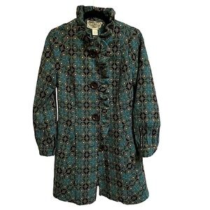 Nick & Mo Vintage Geometric Weave Coat Ruffled Collar Southwest Western Size L